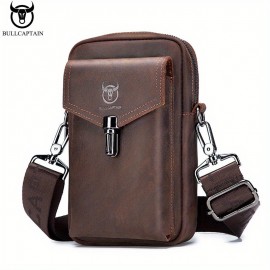 Cow Captain Leather Retro Crazy Horse Leather Men's Mobile Phone Fanny Pack Leather Fashion One Shoulder Bag Business Cow Leather Wear Belt Multi-function Messenger Bag Small Hanging Bag