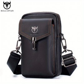 Cow Captain Leather Retro Crazy Horse Leather Men's Mobile Phone Fanny Pack Leather Fashion One Shoulder Bag Business Cow Leather Wear Belt Multi-function Messenger Bag Small Hanging Bag