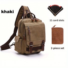 2pcs/set Men's Fashion Canvas Bag, Outdoor Travel Large Capacity Sling Bag, And Card Holder Set