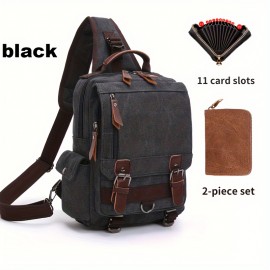 2pcs/set Men's Fashion Canvas Bag, Outdoor Travel Large Capacity Sling Bag, And Card Holder Set