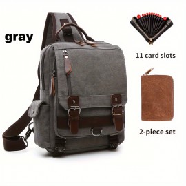 2pcs/set Men's Fashion Canvas Bag, Outdoor Travel Large Capacity Sling Bag, And Card Holder Set