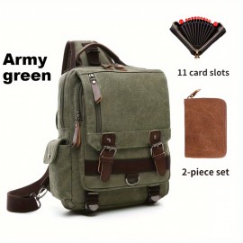 2pcs/set Men's Fashion Canvas Bag, Outdoor Travel Large Capacity Sling Bag, And Card Holder Set