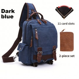 2pcs/set Men's Fashion Canvas Bag, Outdoor Travel Large Capacity Sling Bag, And Card Holder Set