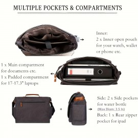 Men's Messenger Bag 17in Waterproof Vintage Canvas Large Capacity Crossbody Shoulder Bag Briefcase Laptop Bag