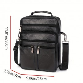 1pc Men's Large Genuine Leather Bag First Layer Cowhide Handheld Messenger Bag Multi Zipper Business Shoulder Tote Bag