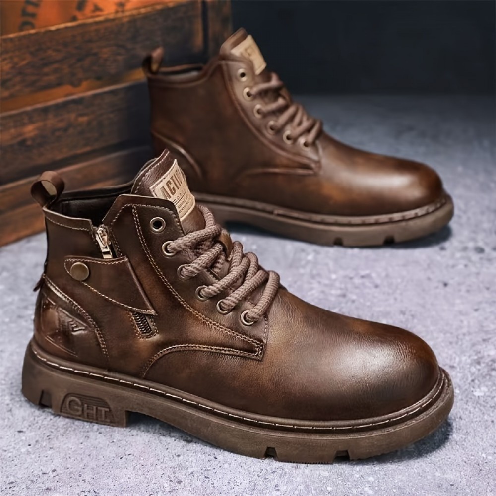 Men's Retro Ankle Boots, Wear-resistant Anti-skid Lace-up Shoes With PU Leather Uppers With PU Leather Uppers For Outdoor, Spring And Autumn