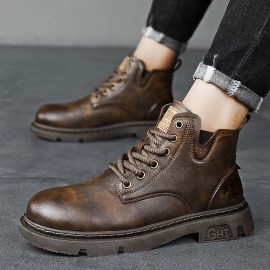 Men's Retro Ankle Boots, Wear-resistant Anti-skid Lace-up Shoes With PU Leather Uppers With PU Leather Uppers For Outdoor, Spring And Autumn