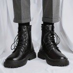 Men's Solid High Top Boots, Classic Non Slip Comfy Lace Up Leather Boots For Men's Winter And Autumn Outdoor Activities