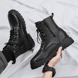 Men's Solid High Top Boots, Classic Non Slip Comfy Lace Up Leather Boots For Men's Winter And Autumn Outdoor Activities