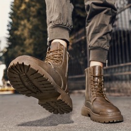 Men's Solid High Top Boots, Classic Non Slip Comfy Lace Up Leather Boots For Men's Winter And Autumn Outdoor Activities