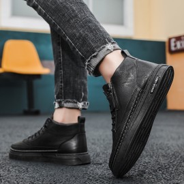 Men's Trendy Solid Skate Shoes With PU Leather Uppers, Wear-resistant Non Slip Lace-up Shoes With Side Zipper Decor, Men's Street Footwear