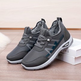 Men's Casual Sneakers, Fuzz Lined Anti-skid Lace-up Woven Shoes For Outdoor Walking Jogging, Winter Shoes