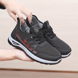 Men's Casual Sneakers, Fuzz Lined Anti-skid Lace-up Woven Shoes For Outdoor Walking Jogging, Winter Shoes