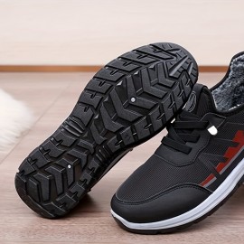 Men's Casual Sneakers, Fuzz Lined Anti-skid Lace-up Woven Shoes For Outdoor Walking Jogging, Winter Shoes