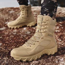 Men's Solid High Top Military Tactical Work Boots, Non Slip Comfy Durable Boots For Outdoor Hiking Trekking Mountaineering Activities