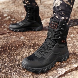 Men's Solid High Top Military Tactical Work Boots, Non Slip Comfy Durable Boots For Outdoor Hiking Trekking Mountaineering Activities