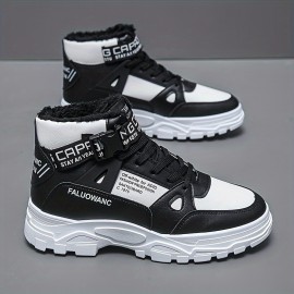 Men's Casual Fuzz Lined High Top Boots, Wear-resistant Anti-skid Lace-up Warm Boots With PU Leather Uppers For Outdoor Winter