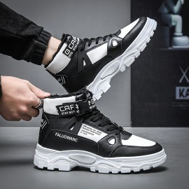 Men's Casual Fuzz Lined High Top Boots, Wear-resistant Anti-skid Lace-up Warm Boots With PU Leather Uppers For Outdoor Winter