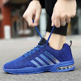 Men's Knit Air-cushioned Lace Up Casual Shoes, Comfy Breathable Lightweight Non Slip Sneaker, Spring And Summer