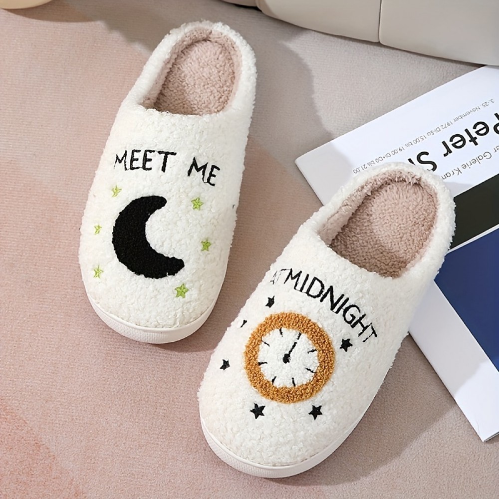 Men's Trendy Cute Cartoon Letter Print Soft Plush Fuzzy Slip On House Slippers, Unisex Indoor Outdoor Comfortable Cozy Non-slip Slide