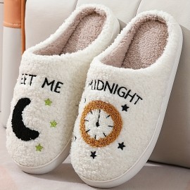 Men's Trendy Cute Cartoon Letter Print Soft Plush Fuzzy Slip On House Slippers, Unisex Indoor Outdoor Comfortable Cozy Non-slip Slide