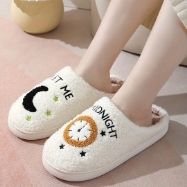 Men's Trendy Cute Cartoon Letter Print Soft Plush Fuzzy Slip On House Slippers, Unisex Indoor Outdoor Comfortable Cozy Non-slip Slide