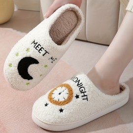 Men's Trendy Cute Cartoon Letter Print Soft Plush Fuzzy Slip On House Slippers, Unisex Indoor Outdoor Comfortable Cozy Non-slip Slide