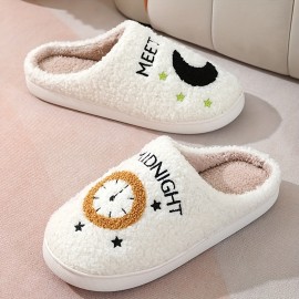 Men's Trendy Cute Cartoon Letter Print Soft Plush Fuzzy Slip On House Slippers, Unisex Indoor Outdoor Comfortable Cozy Non-slip Slide