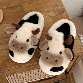 Cute Cow Home Slippers Soft Plush Cozy House Slippers Anti-skid Slip-on Shoes Indoor For Men Winter Shoes