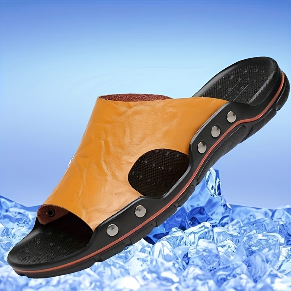 Men's PLUS SIZE Fashion Slip On Sandals, Outdoor Open Toe Anti-skid Rubber Sole Summer Beach Slides With PU Leather Uppers For Outdoor  Walking