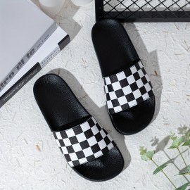 Men's Checkered Design Slides, Casual Non Slip Slippers, Open Toe Shoes For Indoor Outdoor Beach Shower, Spring And Summer