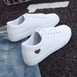 Women's Heart Print Casual Sneakers, Lace Up Low-top Round Toe Non-slip White Shoes, Versatile Outdoor Casual Shoes