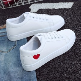 Women's Heart Print Casual Sneakers, Lace Up Low-top Round Toe Non-slip White Shoes, Versatile Outdoor Casual Shoes