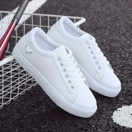 Women's Heart Print Casual Sneakers, Lace Up Low-top Round Toe Non-slip White Shoes, Versatile Outdoor Casual Shoes