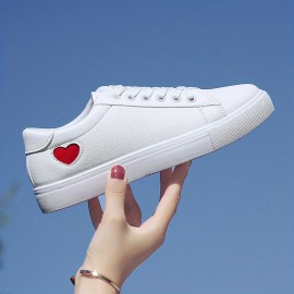 Women's Heart Print Casual Sneakers, Lace Up Low-top Round Toe Non-slip White Shoes, Versatile Outdoor Casual Shoes