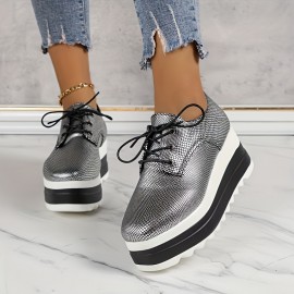 Women's Snakeskin Pattern Casual Sneakers, Lace Up Soft Sole Platform Daily Shoes, Lightweight Low-top Shoes