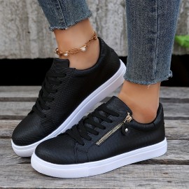 Women's Flat Skate Shoes, Versatile Round Toe Lace Up & Side Zipper Sneakers, Casual Low Top Flat Shoes