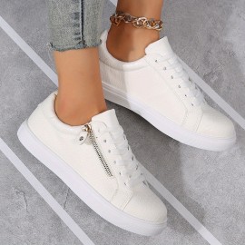 Women's Flat Skate Shoes, Versatile Round Toe Lace Up & Side Zipper Sneakers, Casual Low Top Flat Shoes