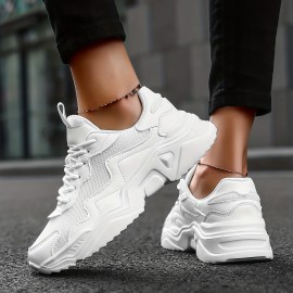 Women's White Breathable Mesh Sneakers, Comfortable Low Top Lace Up Shoes, Women's Casual Walking Shoes