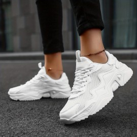 Women's White Breathable Mesh Sneakers, Comfortable Low Top Lace Up Shoes, Women's Casual Walking Shoes