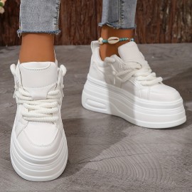 Women's Trendy Platform Sneakers, Heightening Lace Up Low Top Skate Shoes, Stylish Air Cushion Wedge Trainers