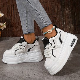 Women's Trendy Platform Sneakers, Heightening Lace Up Low Top Skate Shoes, Stylish Air Cushion Wedge Trainers