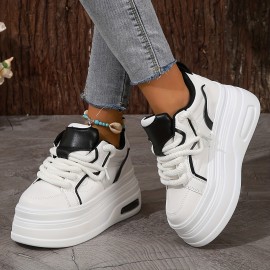 Women's Trendy Platform Sneakers, Heightening Lace Up Low Top Skate Shoes, Stylish Air Cushion Wedge Trainers