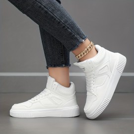 Women's High Top Casual Sneakers, Solid Color Lace Up Round Toe Comfy Skate Shoes, Breathable Outdoor Sporty Shoes