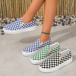 Women's Checkboard Pattern Flat Shoes, Slip On Low-top Round Toe Non-slip Canvas Shoes, Outdoor Casual Comfy Shoes