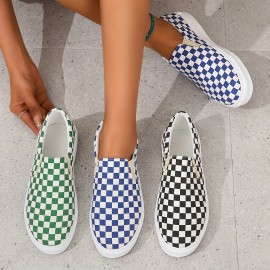 Women's Checkboard Pattern Flat Shoes, Slip On Low-top Round Toe Non-slip Canvas Shoes, Outdoor Casual Comfy Shoes