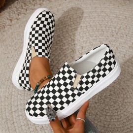 Women's Checkboard Pattern Flat Shoes, Slip On Low-top Round Toe Non-slip Canvas Shoes, Outdoor Casual Comfy Shoes