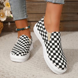 Women's Checkboard Pattern Flat Shoes, Slip On Low-top Round Toe Non-slip Canvas Shoes, Outdoor Casual Comfy Shoes