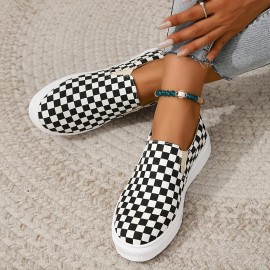 Women's Checkboard Pattern Flat Shoes, Slip On Low-top Round Toe Non-slip Canvas Shoes, Outdoor Casual Comfy Shoes