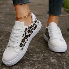 Women's Leopard Printed Skate Shoes, Fashion Lace Up Low Top Sneakers, Casual Walking Shoes